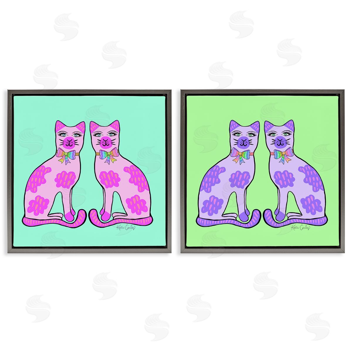 Bright Purple Cat Pairs Grey Floating Frame Canvas Wall Art, Home Decor by Katie Conley