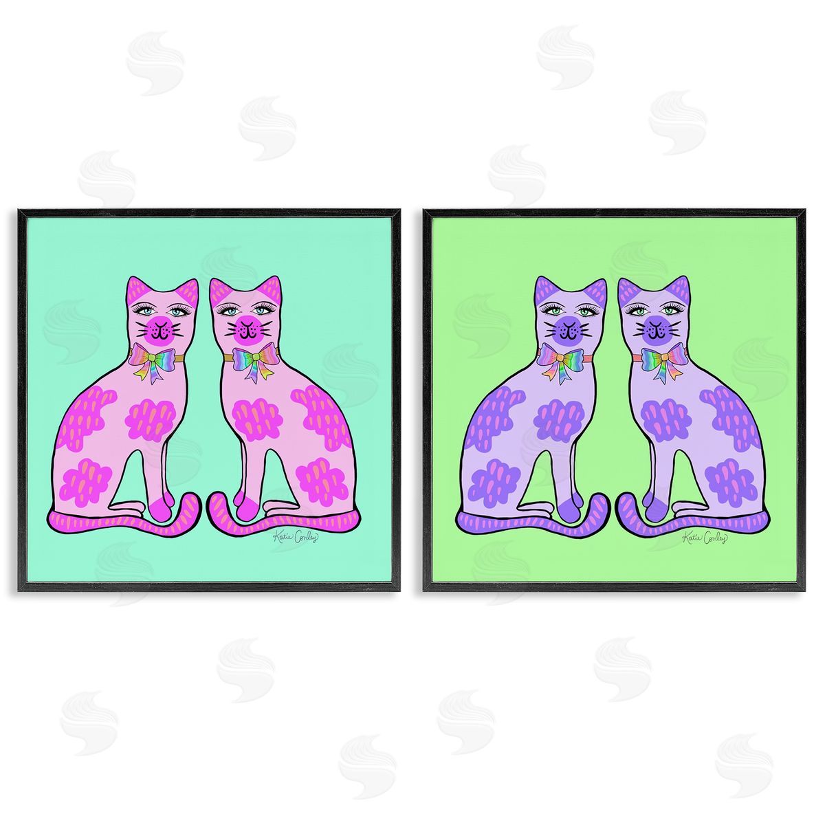 Bright Purple Cat Pairs Black Frame Print Wall Art, Home Decor by Katie Conley