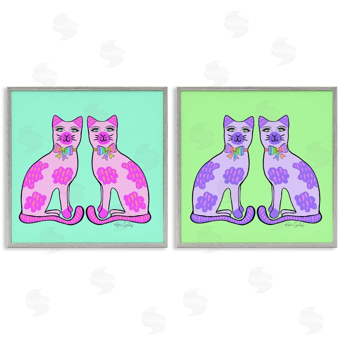 Bright Purple Cat Pairs Grey Frame Print Wall Art, Home Decor by Katie Conley