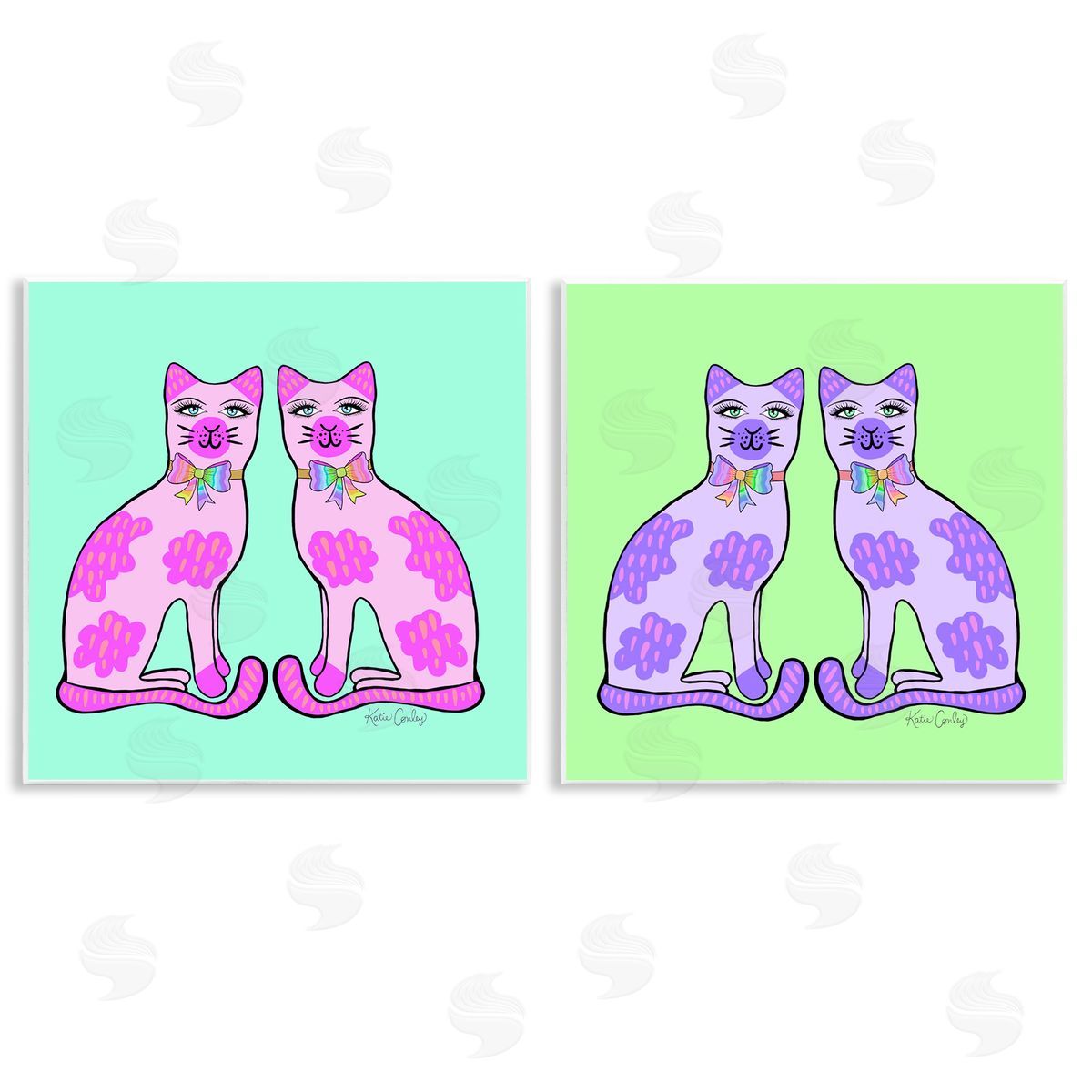 Bright Purple Cat Pairs Wood Plaque Wall Art, Home Decor by Katie Conley