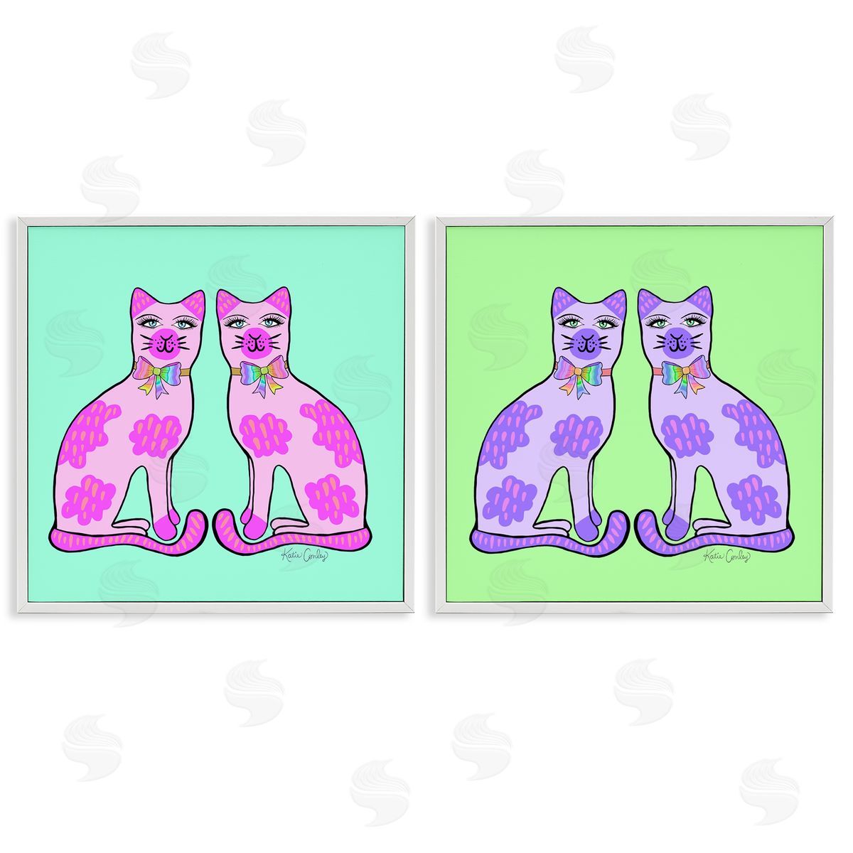 Bright Purple Cat Pairs White Frame Print Wall Art, Home Decor by Katie Conley
