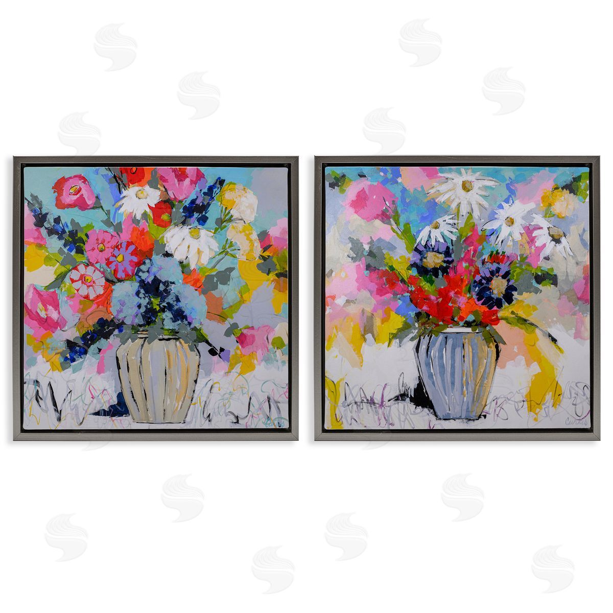 Vibrant Flower Vase Collection Grey Floating Frame Canvas Wall Art, Home Decor by Joan Curtis