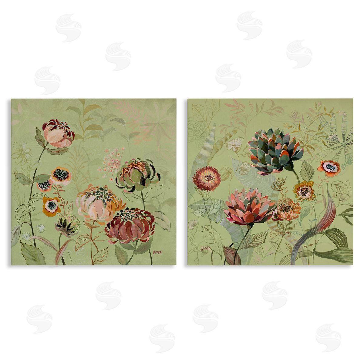 Chrysanthemums on Olive Green Canvas Wall Art, Home Decor by Dusza