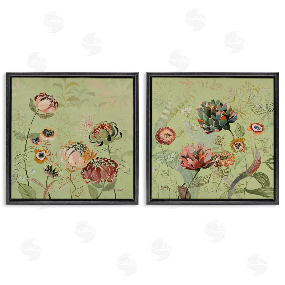 Chrysanthemums on Olive Green Black Floating Frame Canvas Wall Art, Home Decor by Dusza