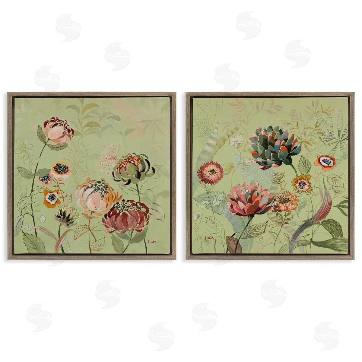 Chrysanthemums on Olive Green Brown Floating Frame Canvas Wall Art, Home Decor by Dusza