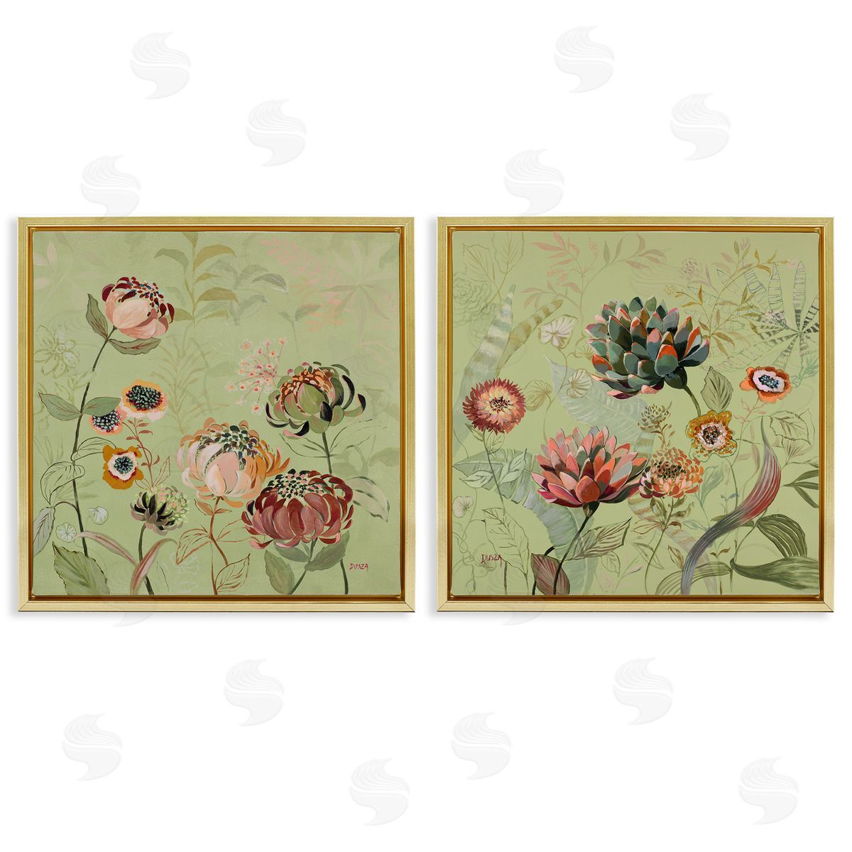 Chrysanthemums on Olive Green Gold Floating Frame Canvas Wall Art, Home Decor by Dusza