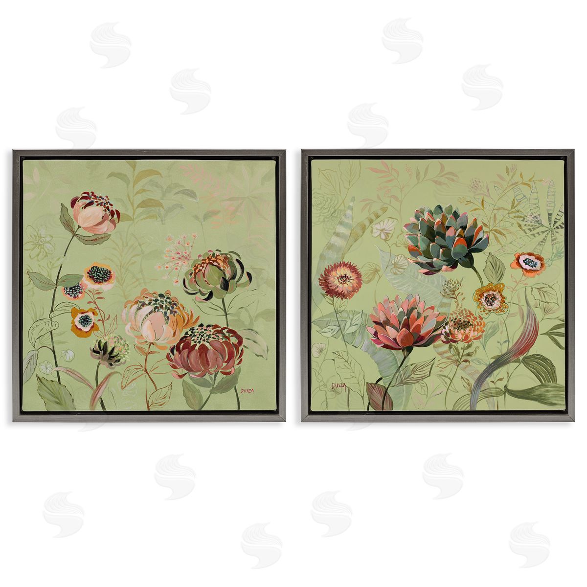 Chrysanthemums on Olive Green Grey Floating Frame Canvas Wall Art, Home Decor by Dusza
