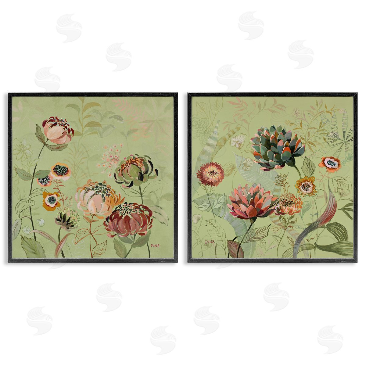 Chrysanthemums on Olive Green Black Frame Print Wall Art, Home Decor by Dusza