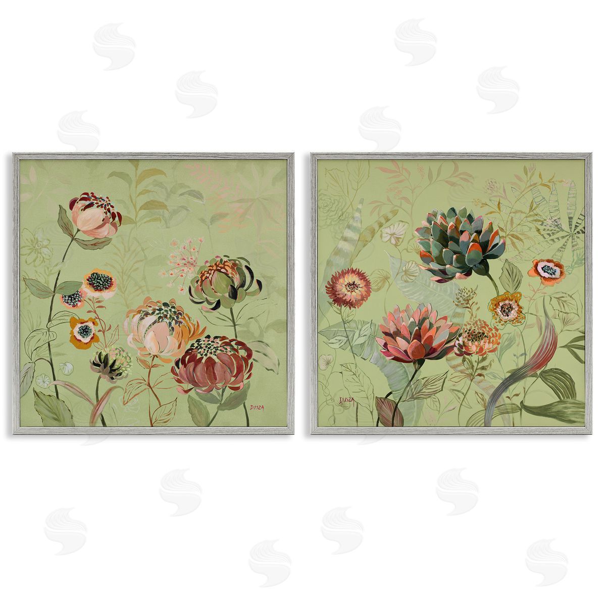 Chrysanthemums on Olive Green Grey Frame Print Wall Art, Home Decor by Dusza