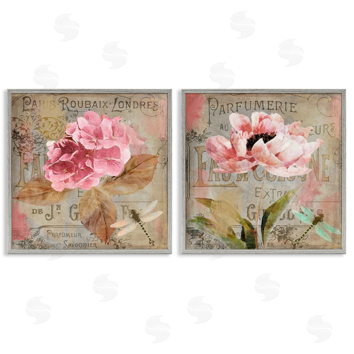 Vintage Collage French Florals Grey Frame Print Wall Art, Home Decor by Sasha