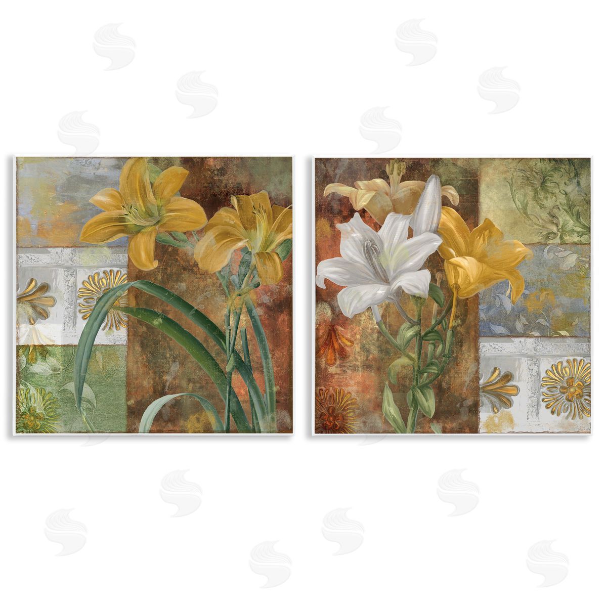 Lilies & Vintage Tile Patterns Wood Plaque Wall Art, Home Decor by Sasha