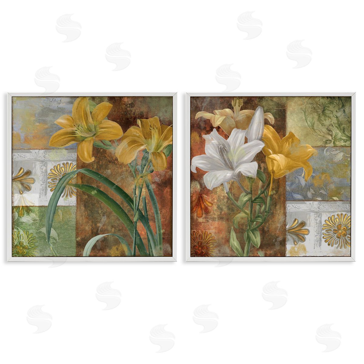 Lilies & Vintage Tile Patterns White Frame Print Wall Art, Home Decor by Sasha
