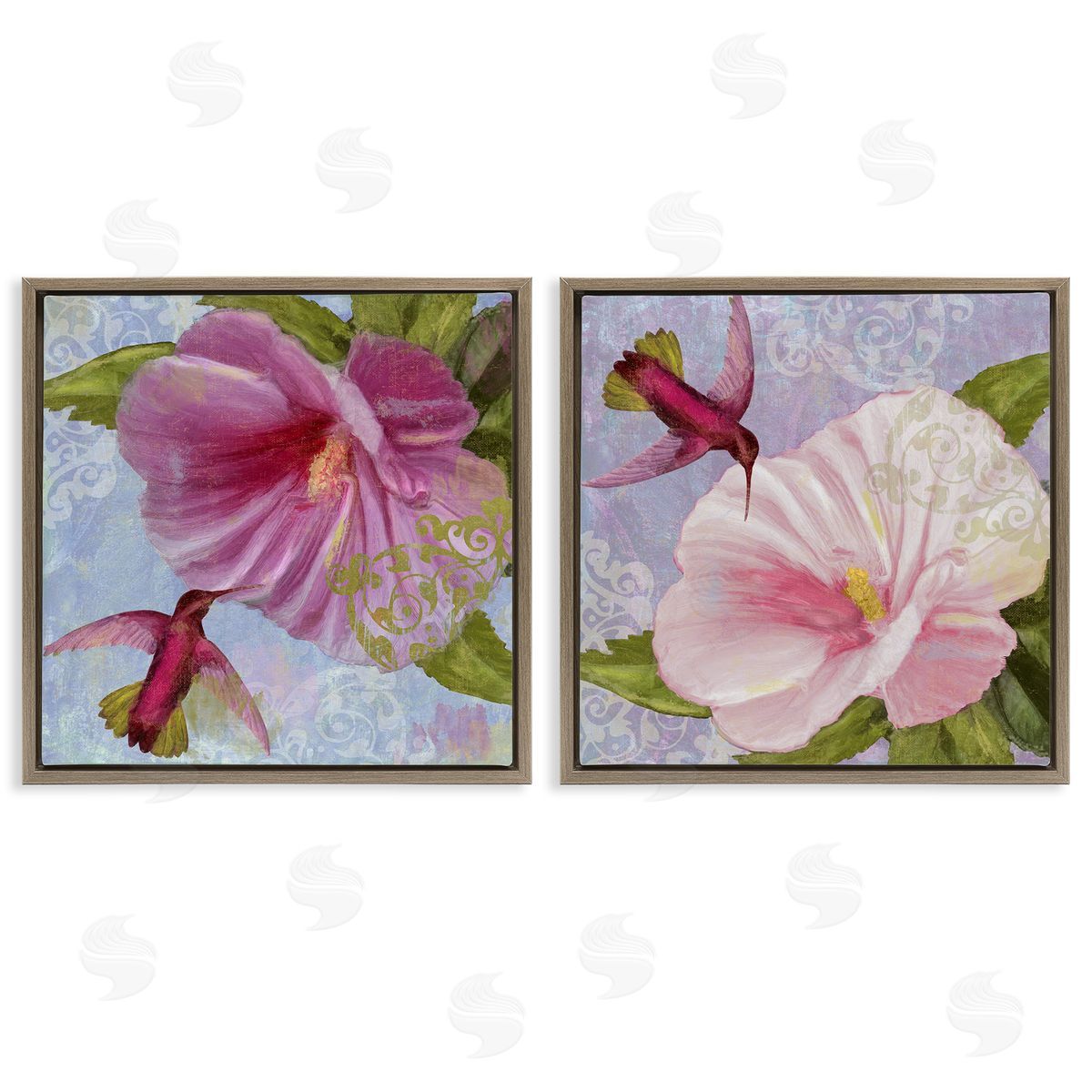 Hummingbirds & Poppy Bulbs Brown Floating Frame Canvas Wall Art, Home Decor by Sasha