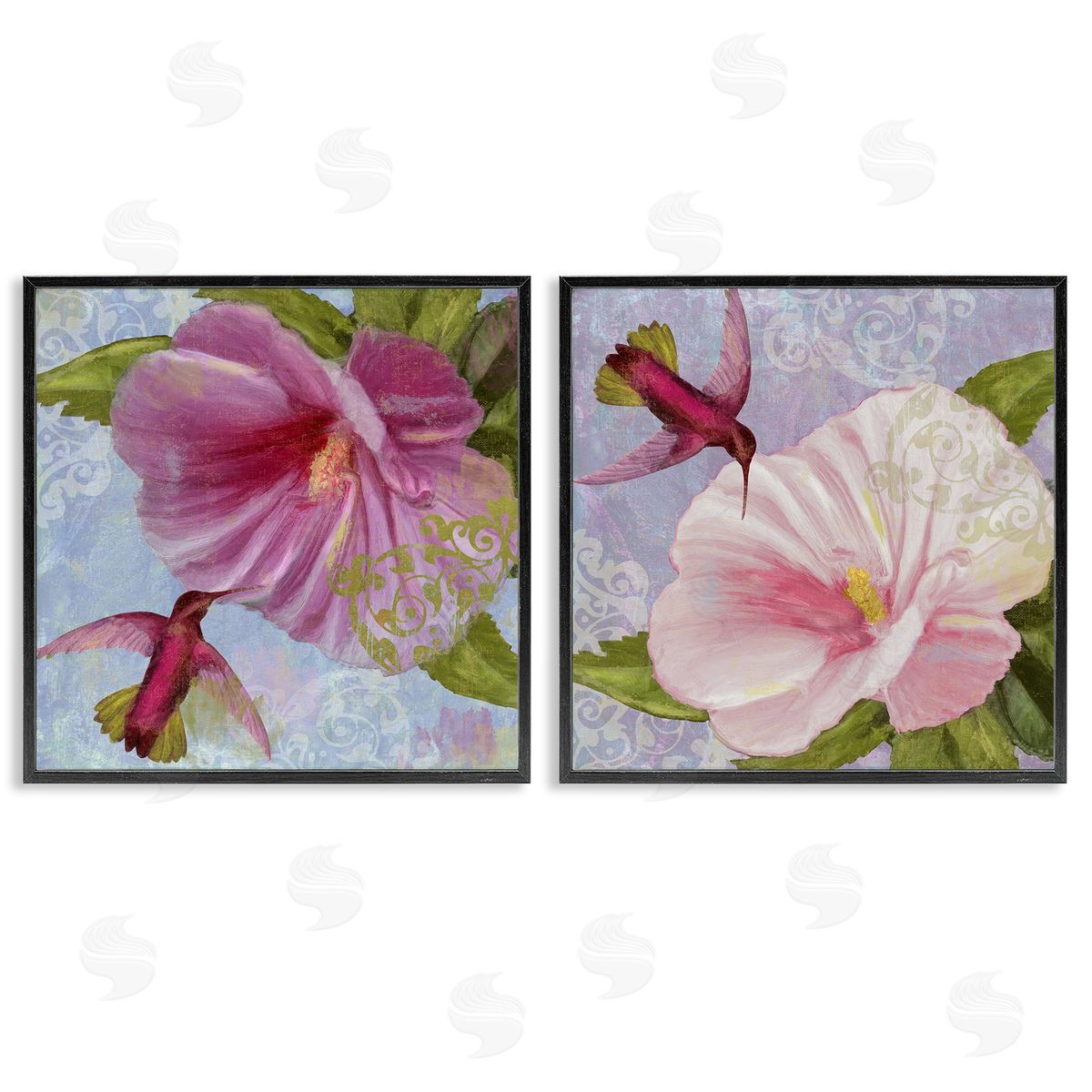 Hummingbirds & Poppy Bulbs Black Frame Print Wall Art, Home Decor by Sasha