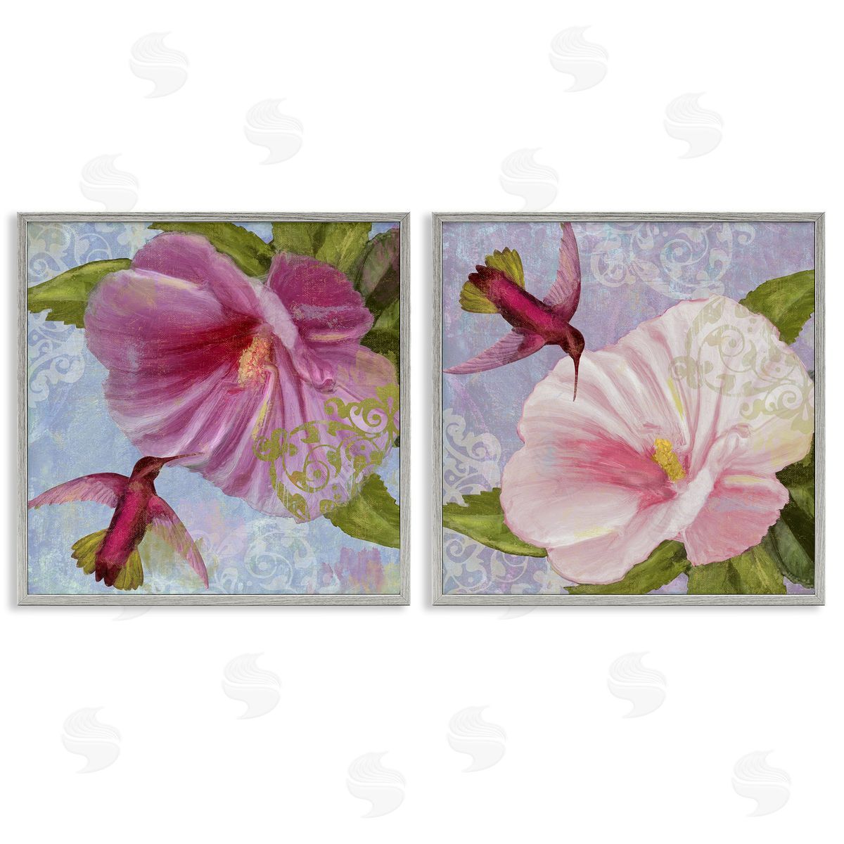 Hummingbirds & Poppy Bulbs Grey Frame Print Wall Art, Home Decor by Sasha