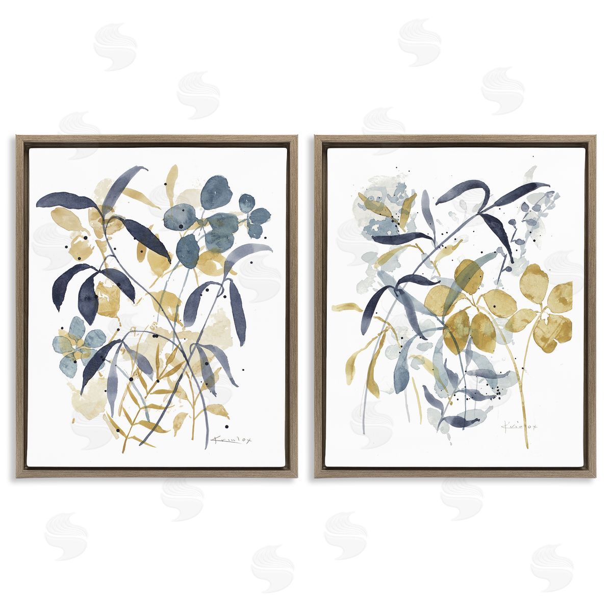 Whimsy Watercolor Botanicals Brown Floating Frame Canvas Wall Art, Home Decor by Krinlox