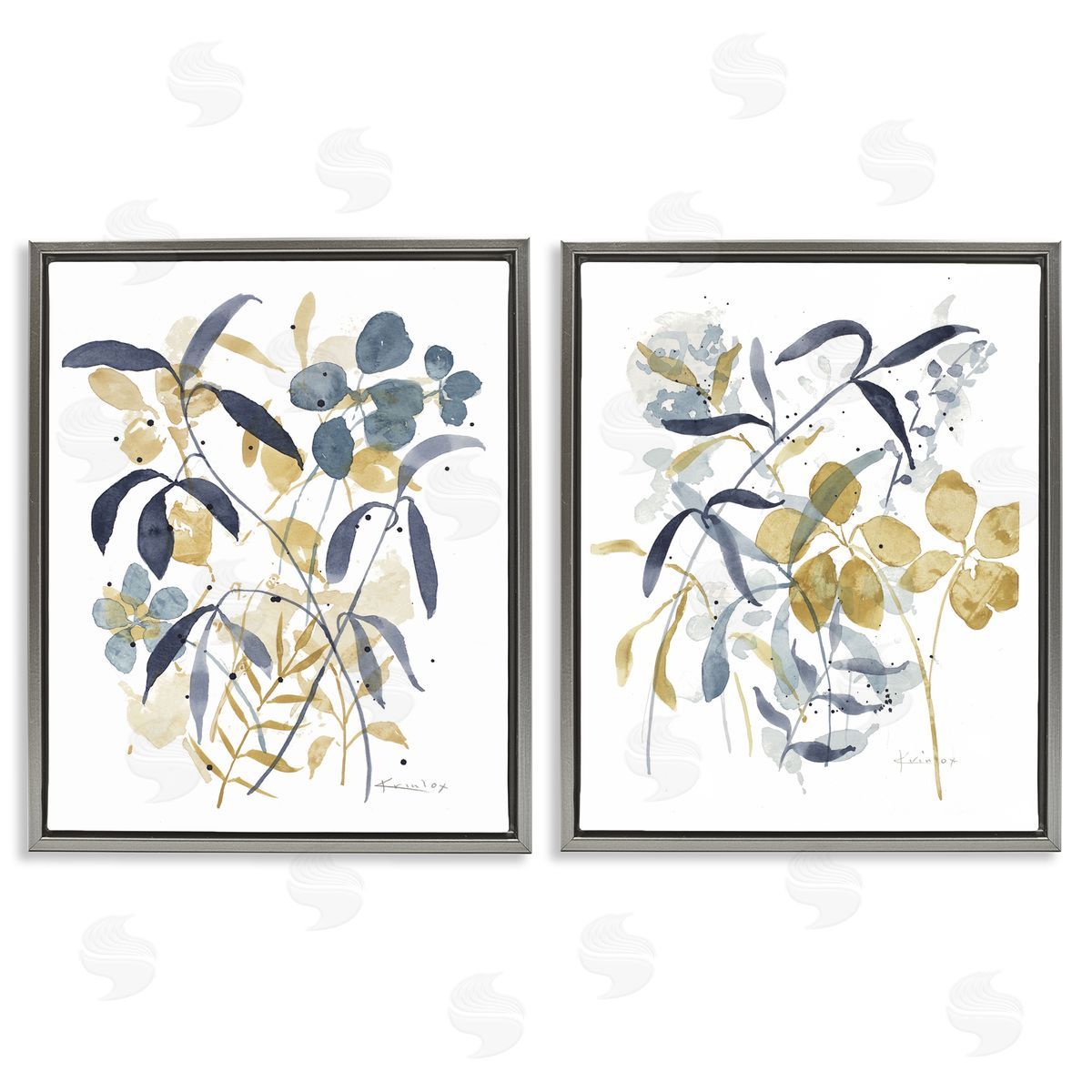 Whimsy Watercolor Botanicals Grey Floating Frame Canvas Wall Art, Home Decor by Krinlox