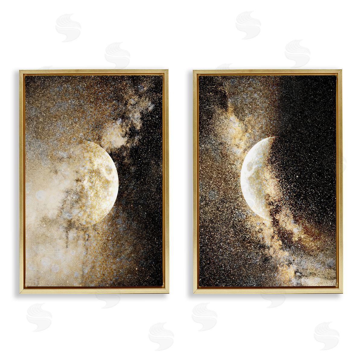 Moons with Starry Nebulas Gold Floating Frame Canvas Wall Art, Home Decor by Gemma Bardot