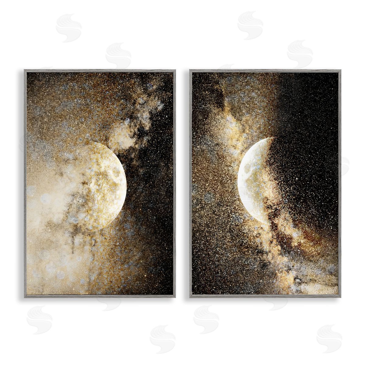 Moons with Starry Nebulas Grey Frame Print Wall Art, Home Decor by Gemma Bardot