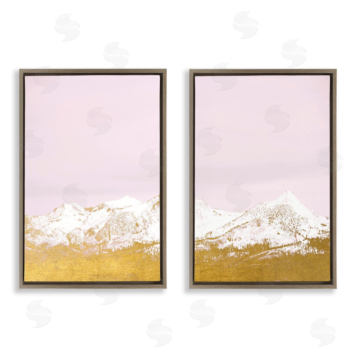 Snow Tipped Mountains on Pink Brown Floating Frame Canvas Wall Art, Home Decor by Gemma Bardot