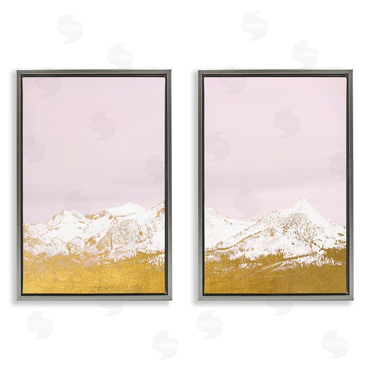 Snow Tipped Mountains on Pink Grey Floating Frame Canvas Wall Art, Home Decor by Gemma Bardot