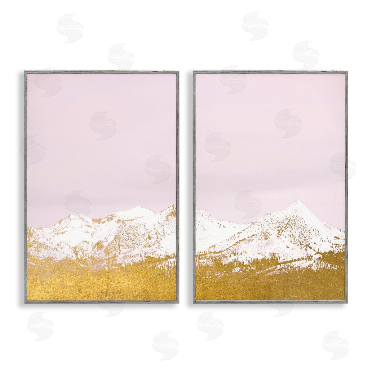 Snow Tipped Mountains on Pink Grey Frame Print Wall Art, Home Decor by Gemma Bardot