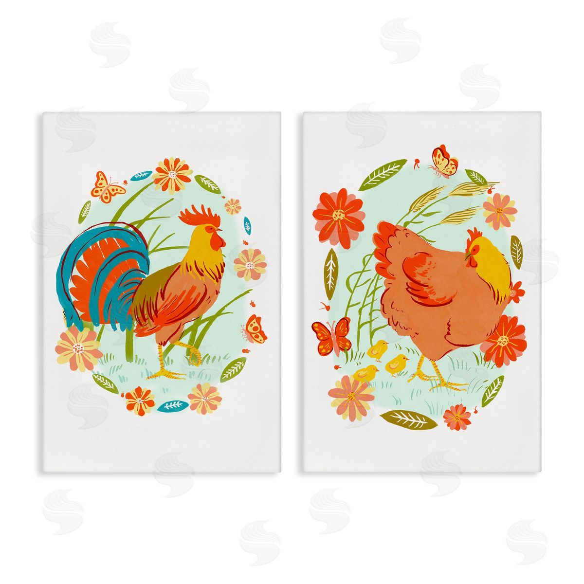 Rooster & Hen with Florals Canvas Wall Art, Home Decor by Hannah Moren