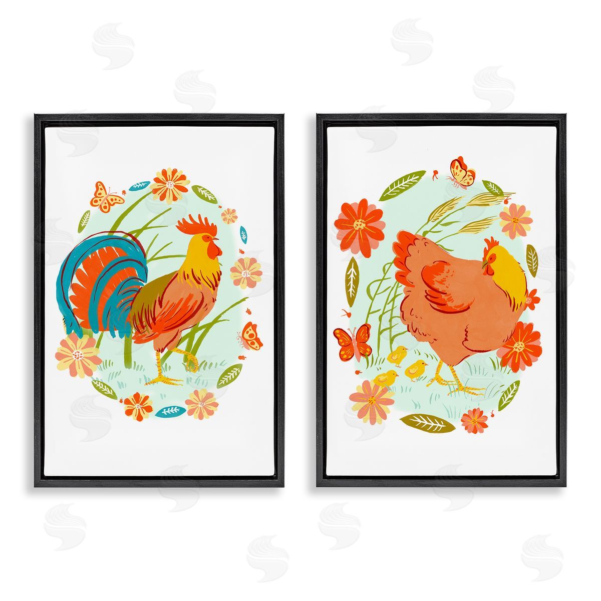 Rooster & Hen with Florals Black Floating Frame Canvas Wall Art, Home Decor by Hannah Moren