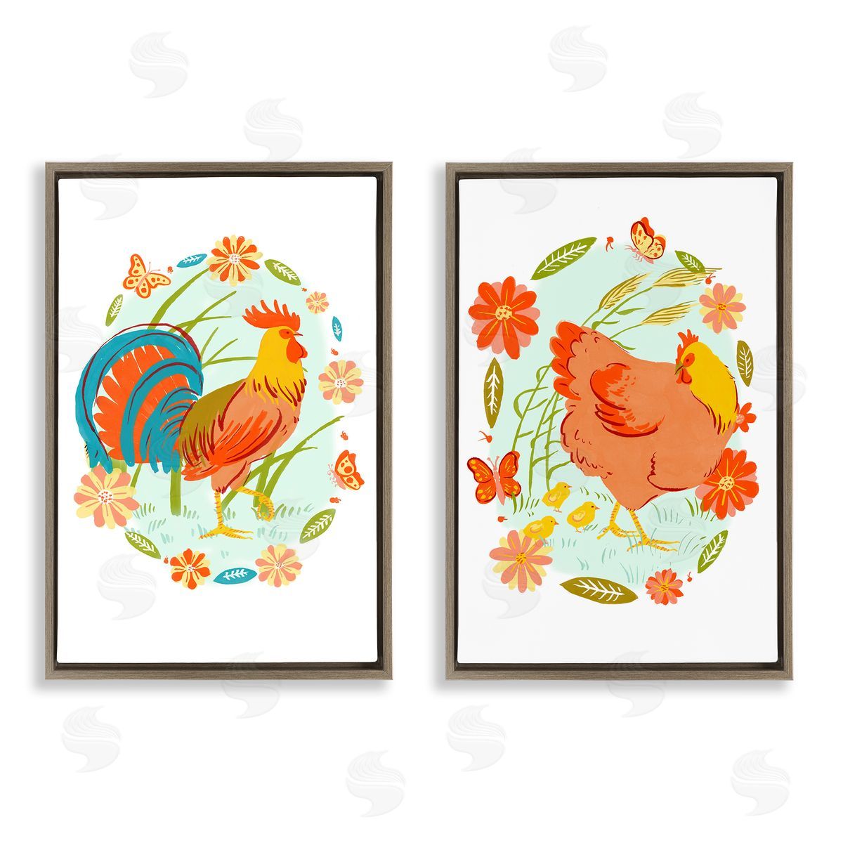 Rooster & Hen with Florals Brown Floating Frame Canvas Wall Art, Home Decor by Hannah Moren