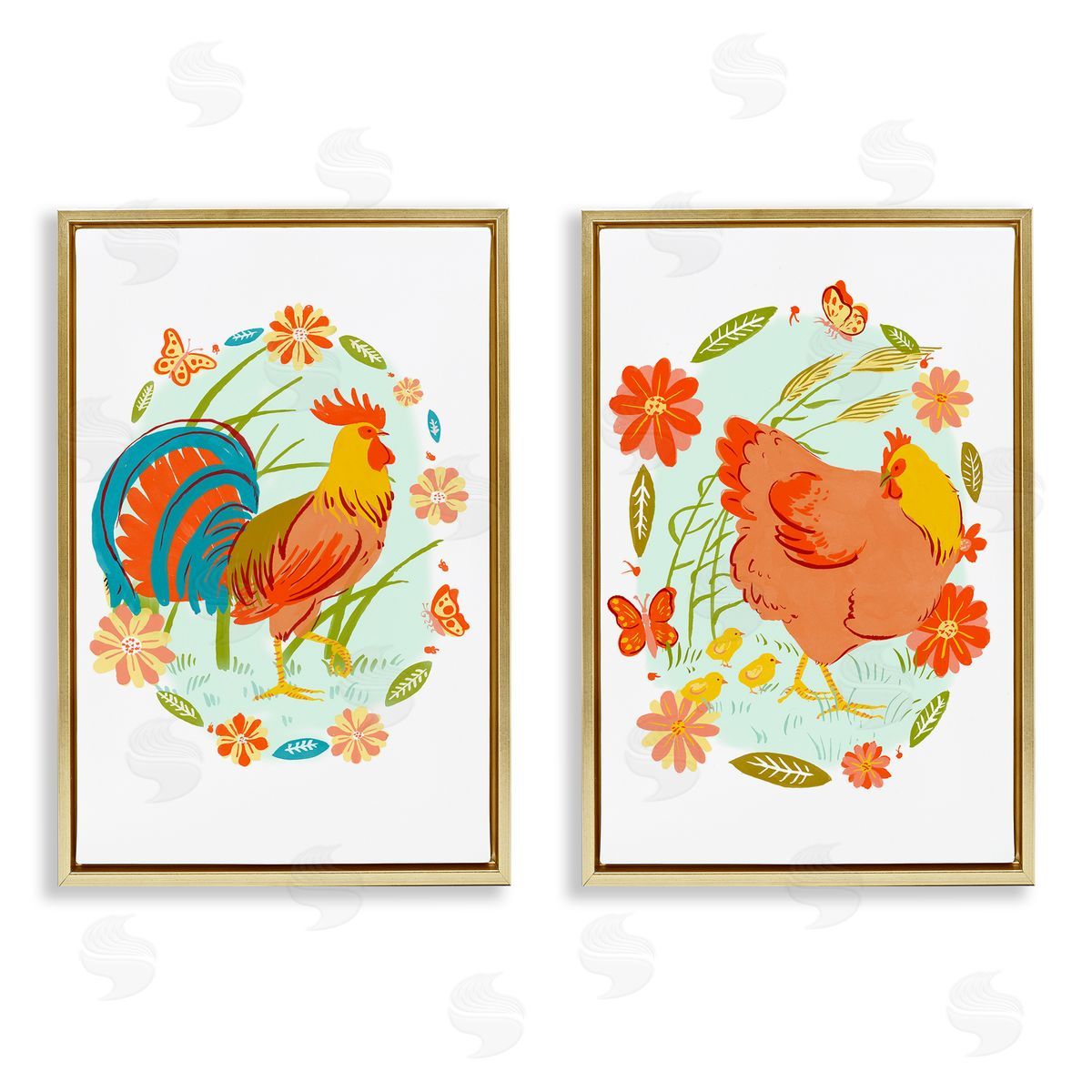Rooster & Hen with Florals Gold Floating Frame Canvas Wall Art, Home Decor by Hannah Moren