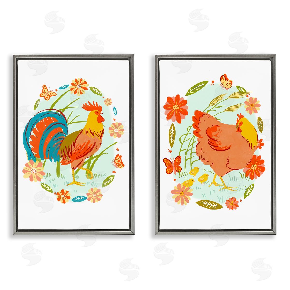 Rooster & Hen with Florals Grey Floating Frame Canvas Wall Art, Home Decor by Hannah Moren