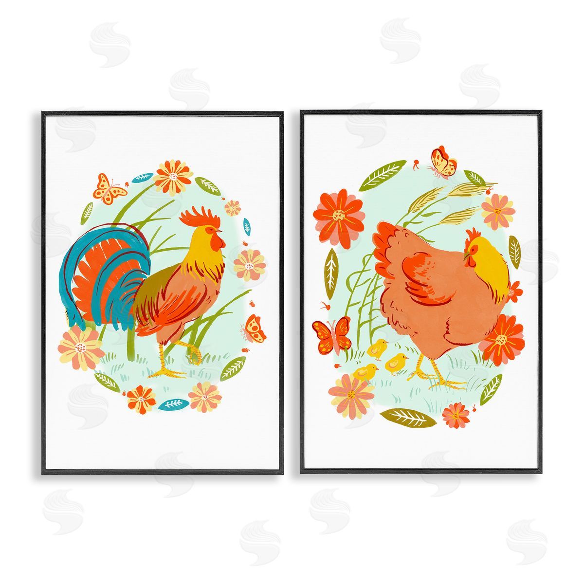 Rooster & Hen with Florals Black Frame Print Wall Art, Home Decor by Hannah Moren