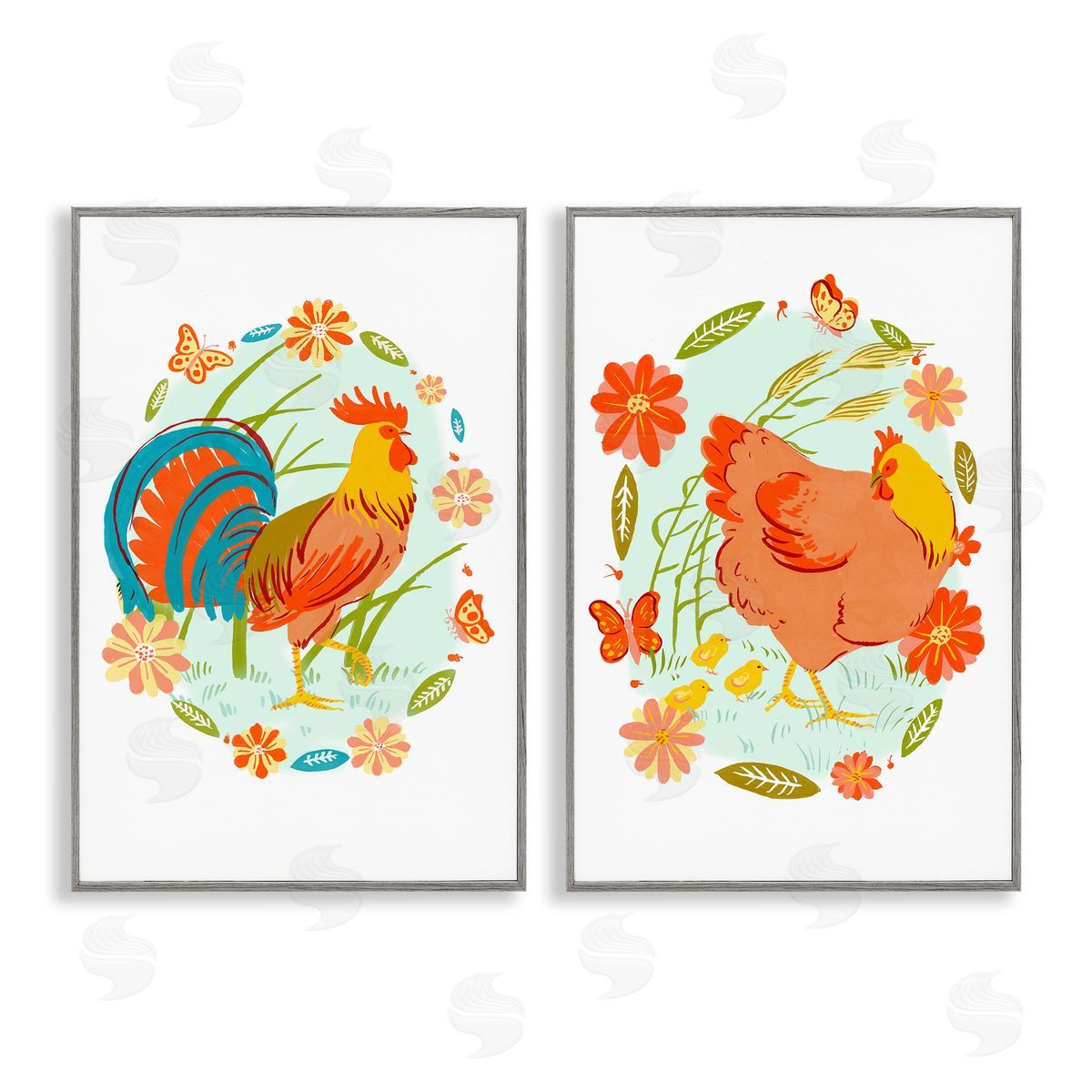 Rooster & Hen with Florals Grey Frame Print Wall Art, Home Decor by Hannah Moren
