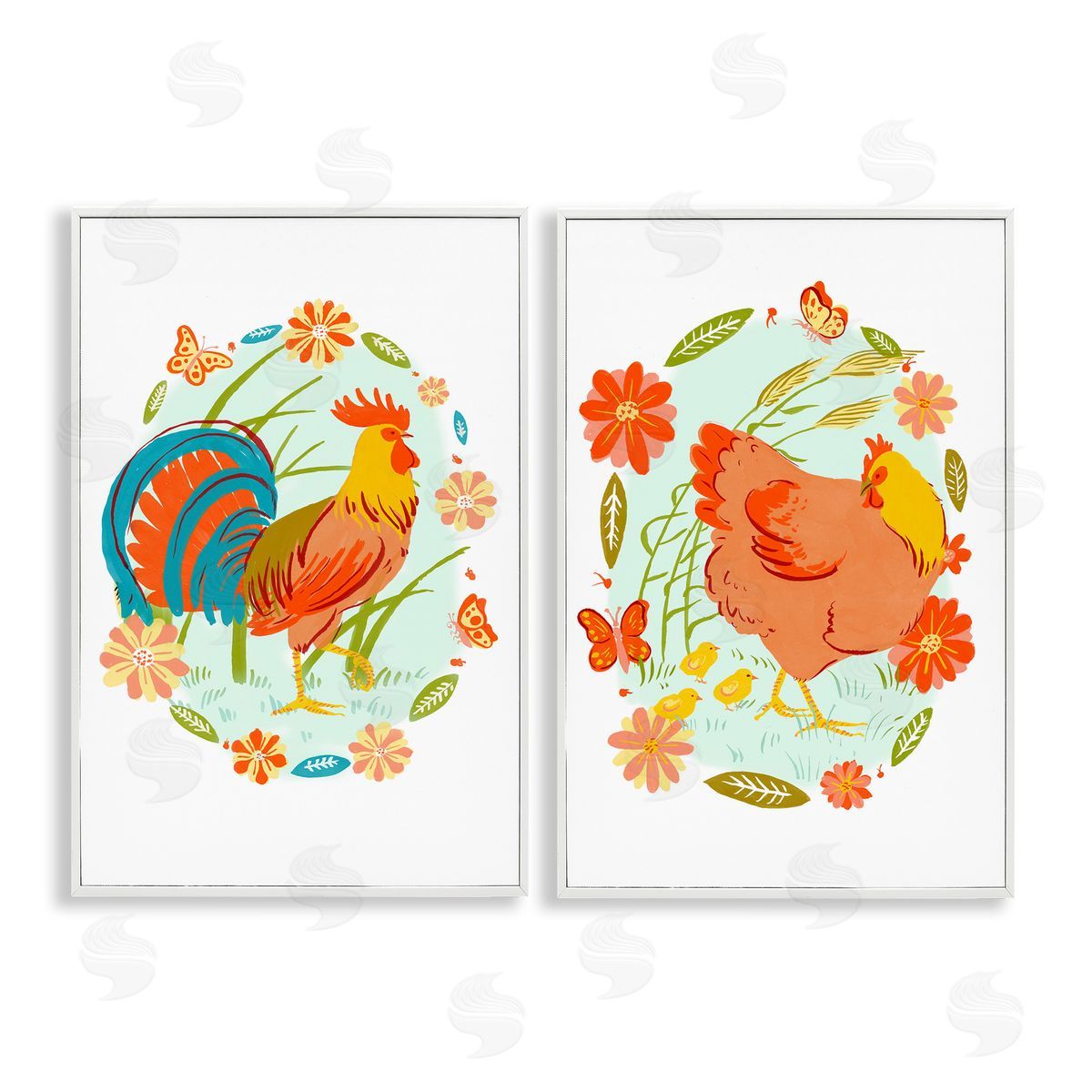 Rooster & Hen with Florals White Frame Print Wall Art, Home Decor by Hannah Moren
