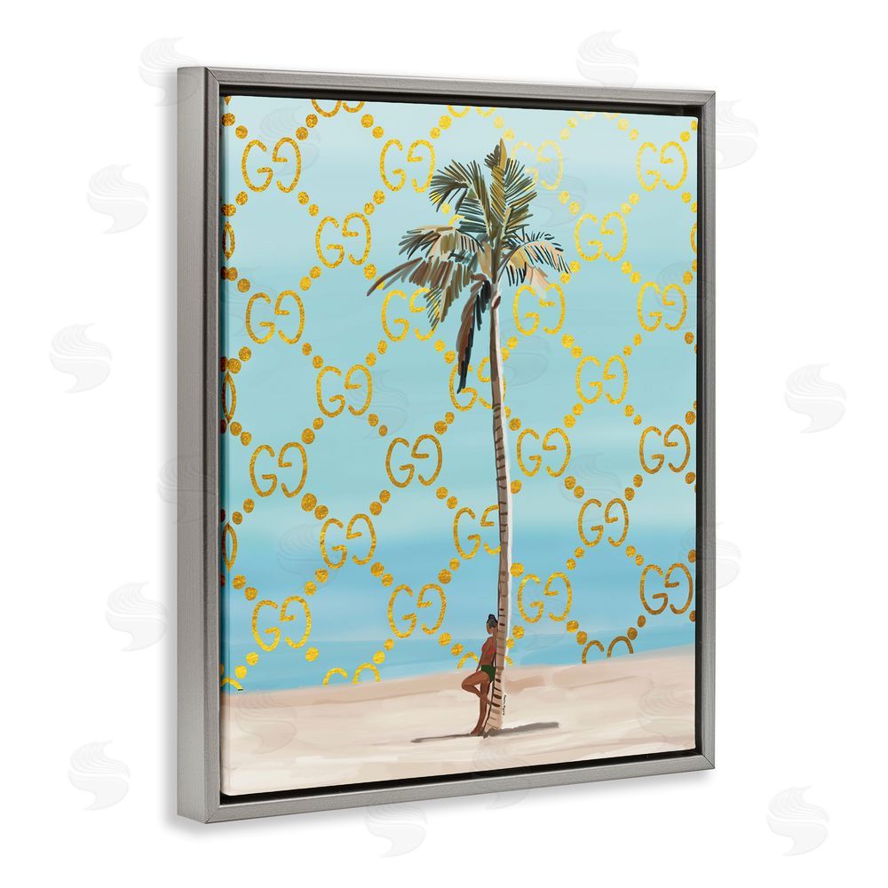 Amelia Noyes Glam Pattern Palm Tree Gray Floating Frame Canvas Wall Art Print