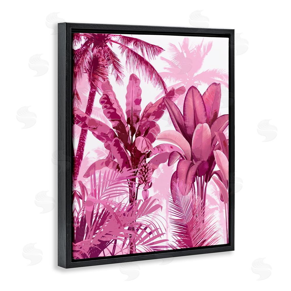 Kristen Drew Pink Tropical Palm Leaves Black Floating Frame Canvas Wall Art Print