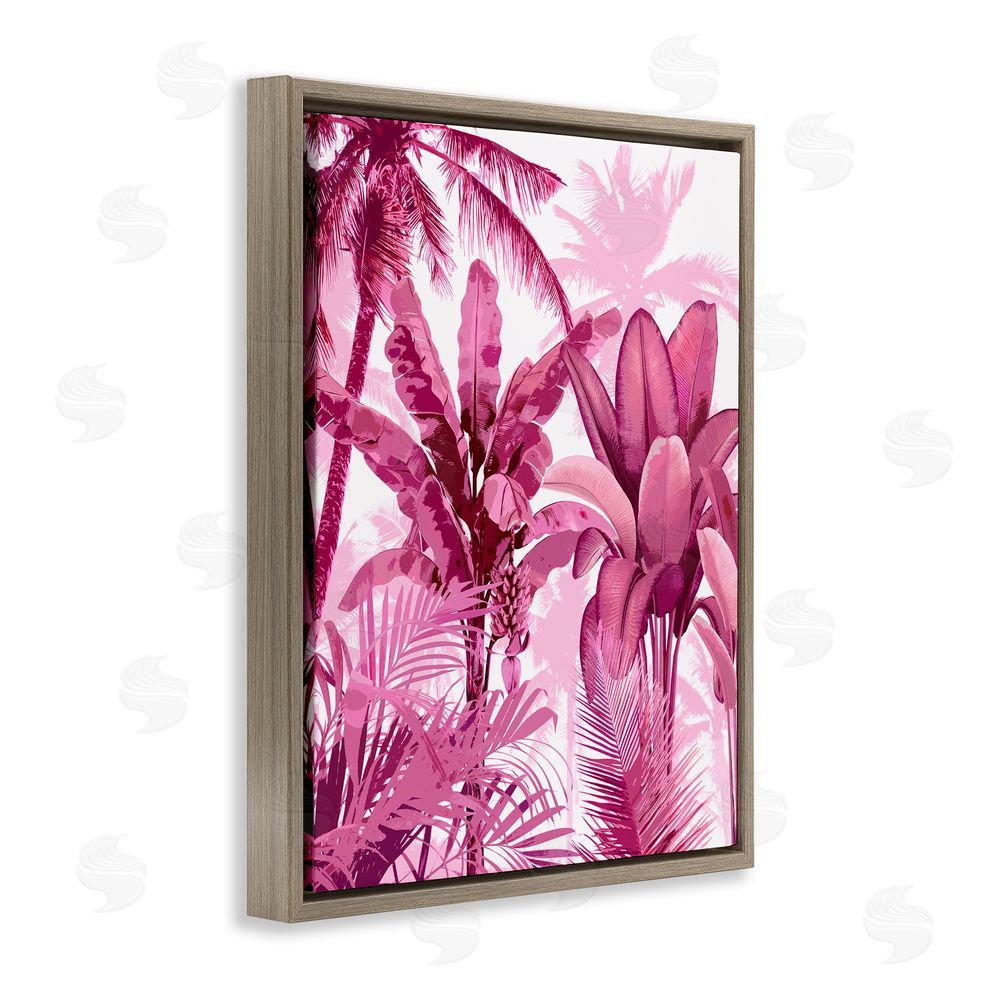 Kristen Drew Pink Tropical Palm Leaves Brown Floating Frame Canvas Wall Art Print