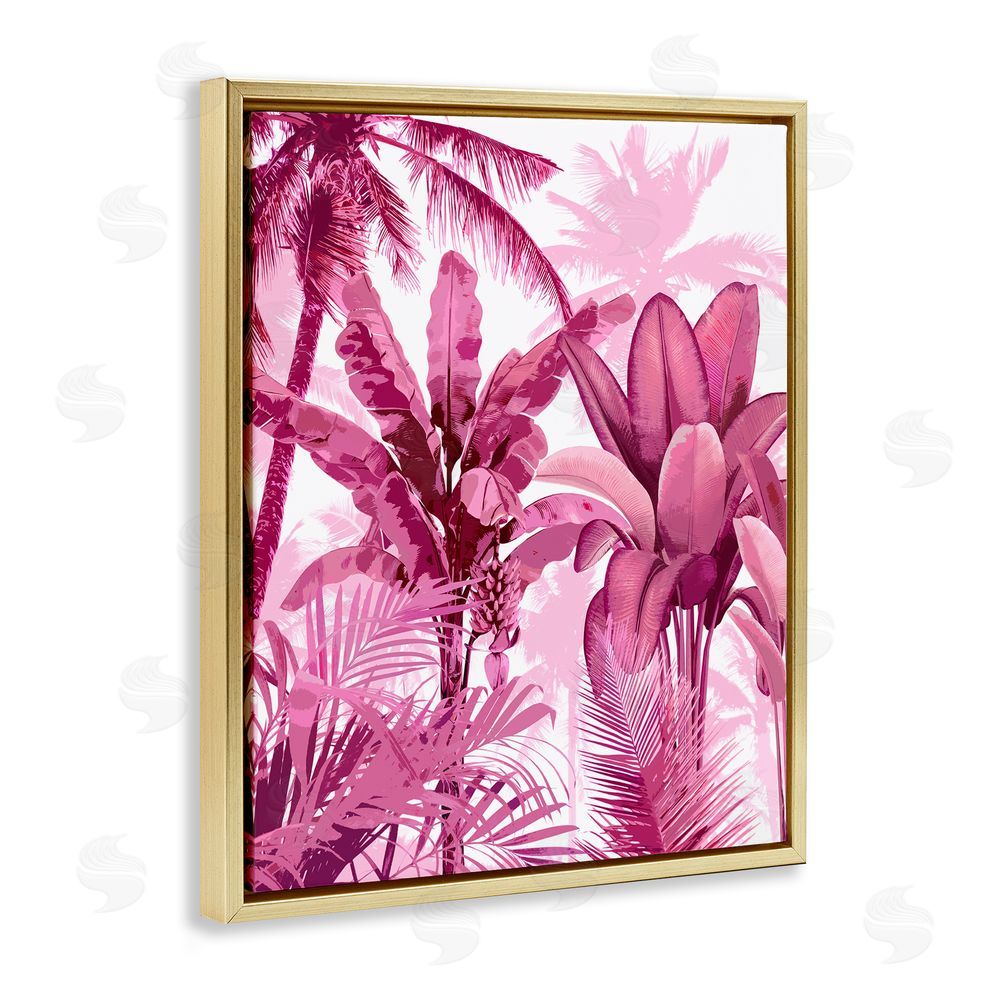 Kristen Drew Pink Tropical Palm Leaves Gold Floating Frame Canvas Wall Art Print