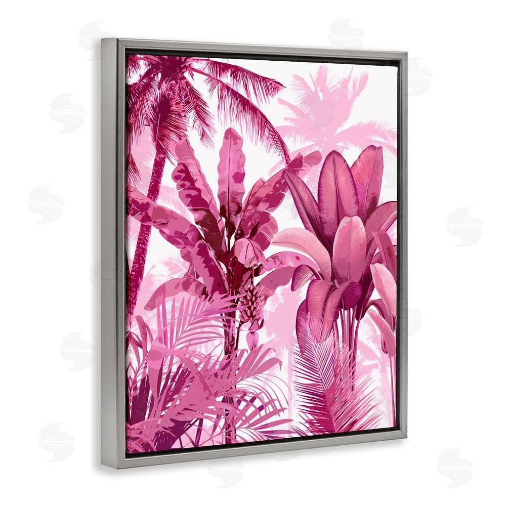 Kristen Drew Pink Tropical Palm Leaves Gray Floating Frame Canvas Wall Art Print