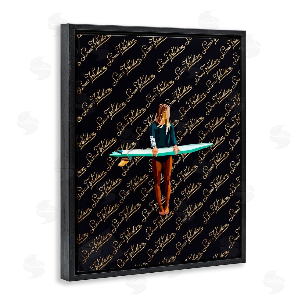 Amelia Noyes Glam Girl with Surfboard Black Floating Frame Canvas Wall Art Print