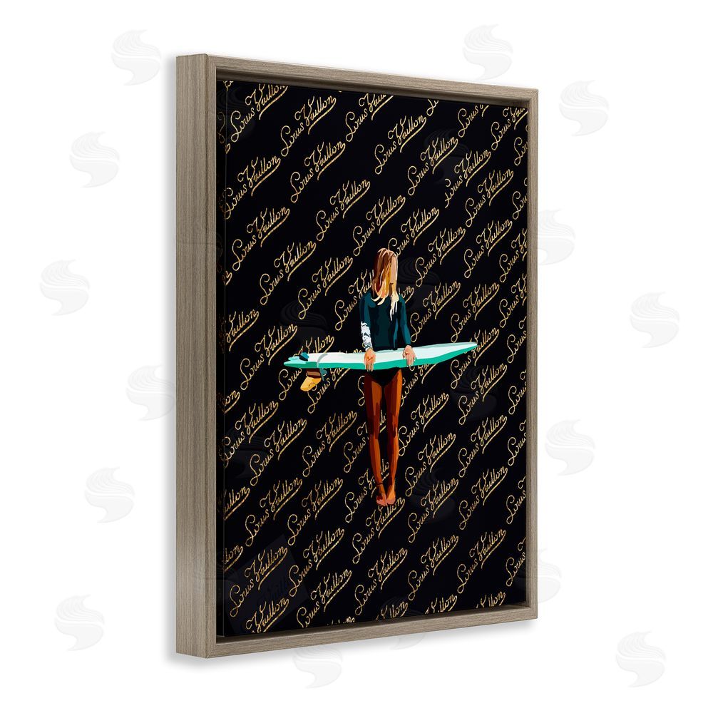 Amelia Noyes Glam Girl with Surfboard Brown Floating Frame Canvas Wall Art Print