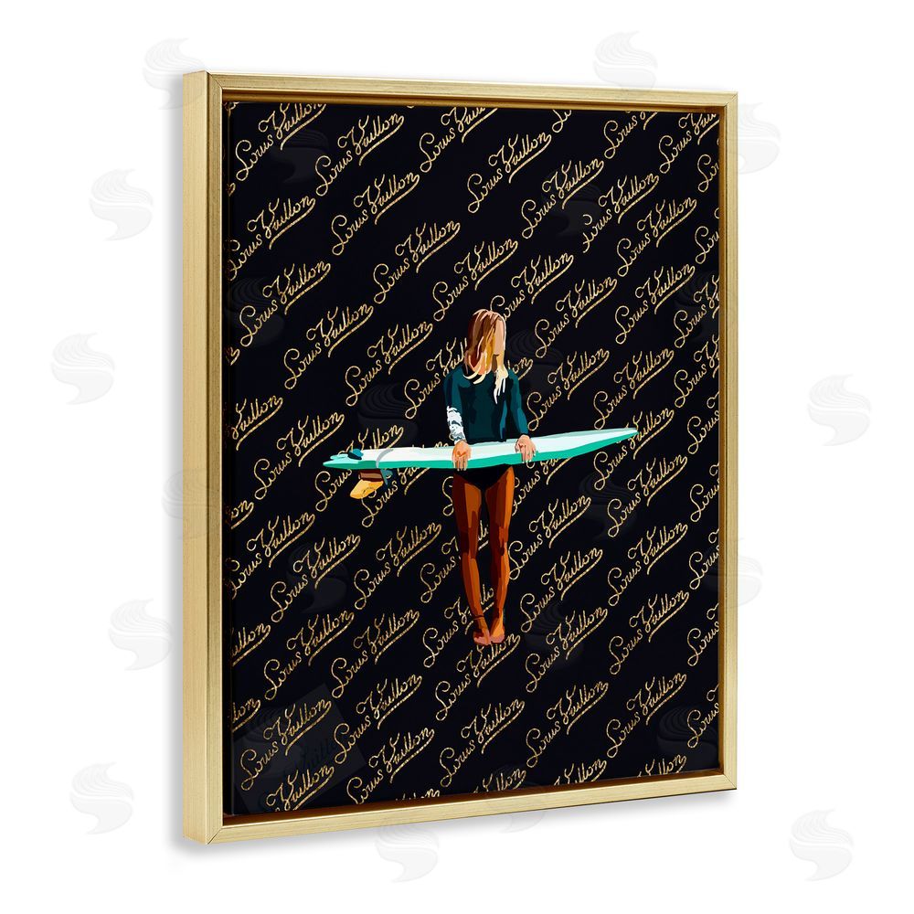 Amelia Noyes Glam Girl with Surfboard Gold Floating Frame Canvas Wall Art Print