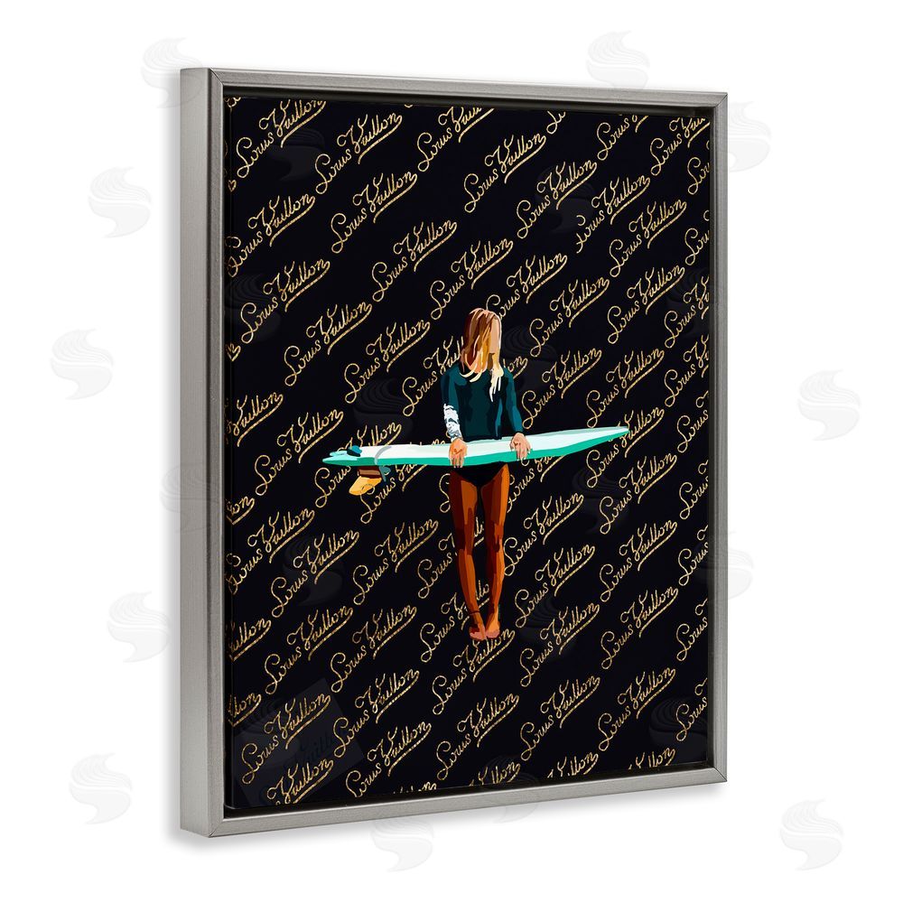 Amelia Noyes Glam Girl with Surfboard Gray Floating Frame Canvas Wall Art Print