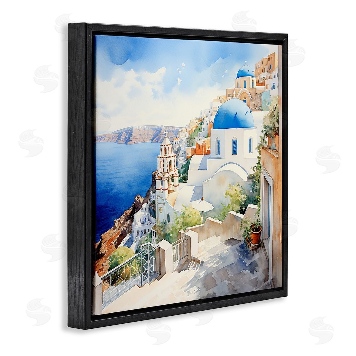 Santorini City Landscape Black Floating Frame Canvas Wall Art, Home Decor by LSR Design Studio