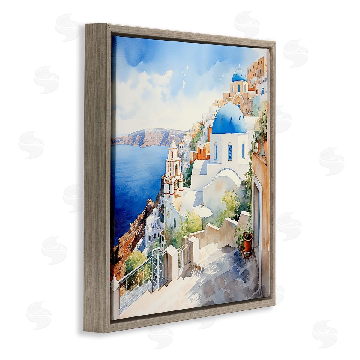 Santorini City Landscape Brown Floating Frame Canvas Wall Art, Home Decor by LSR Design Studio