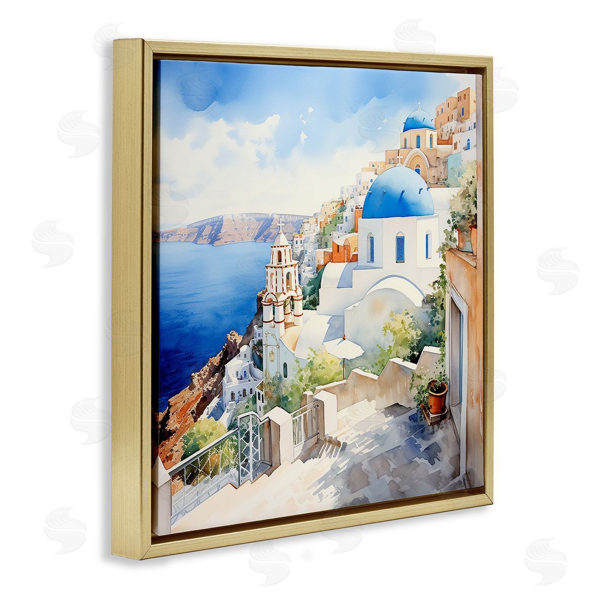 Santorini City Landscape Gold Floating Frame Canvas Wall Art, Home Decor by LSR Design Studio