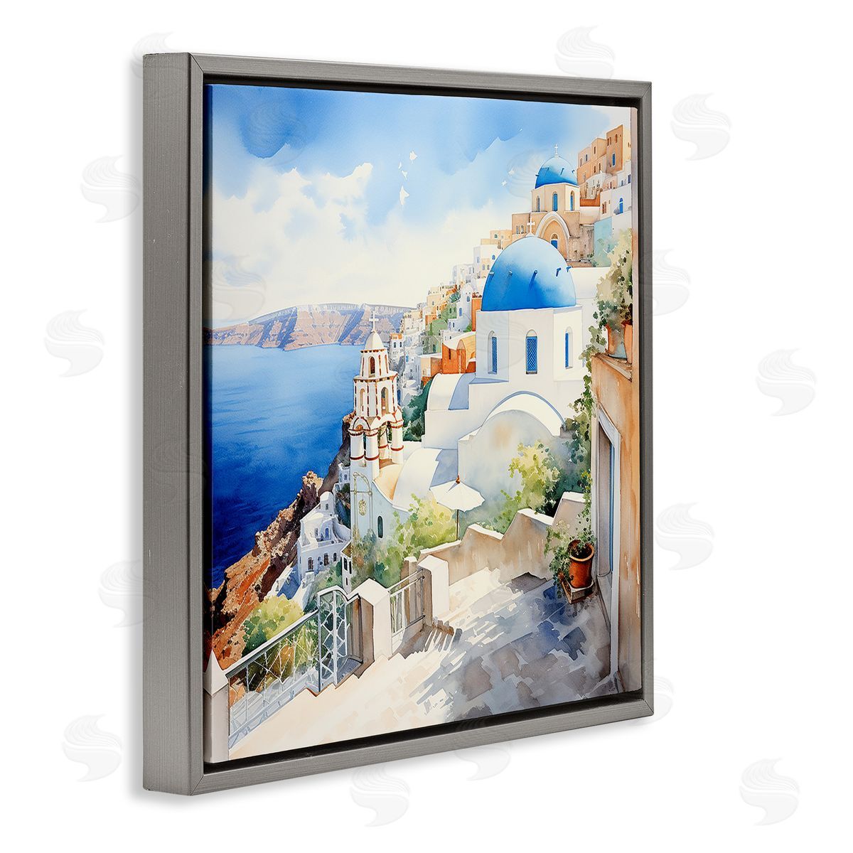 Santorini City Landscape Grey Floating Frame Canvas Wall Art, Home Decor by LSR Design Studio