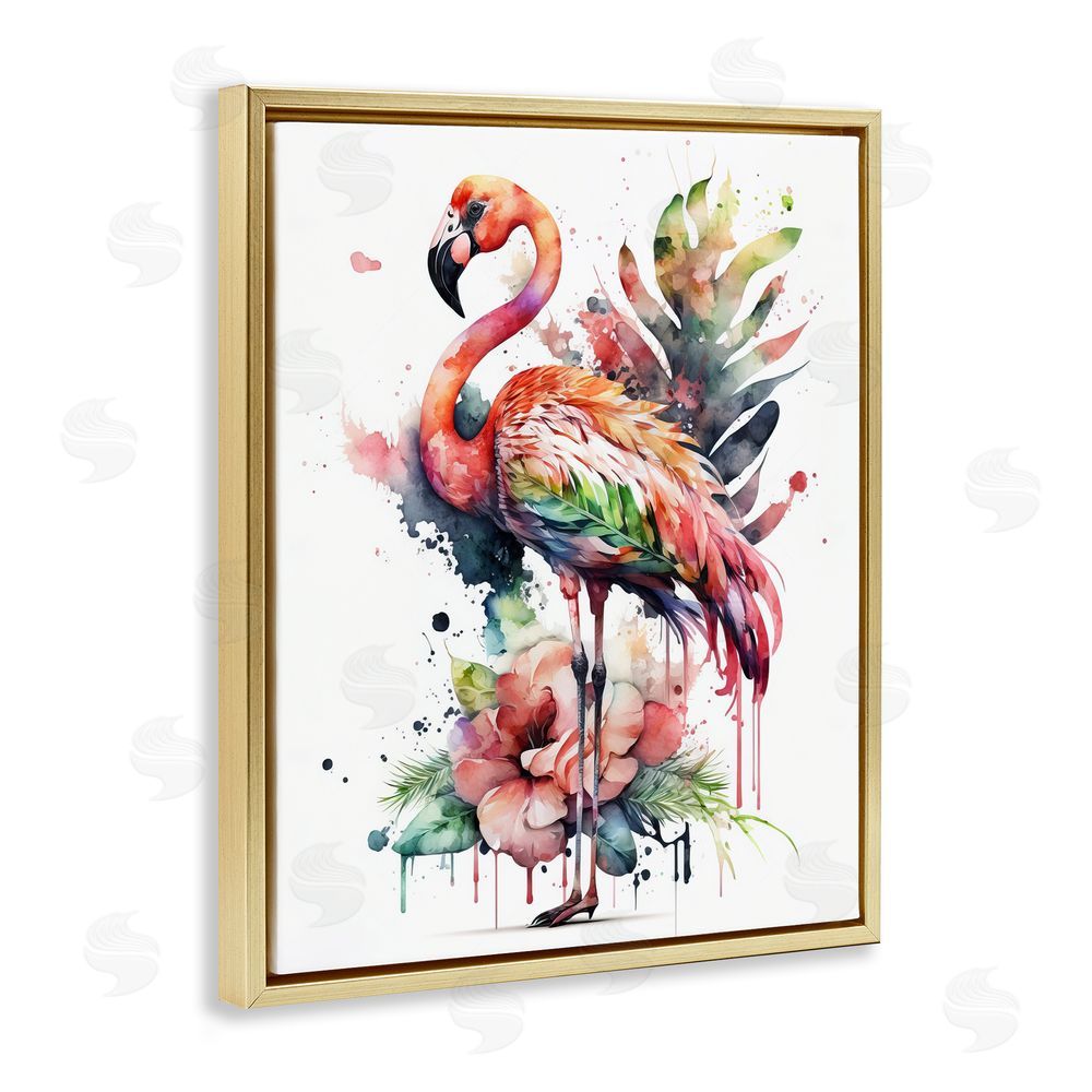 LSR Design Studio Modern Splash Flamingo Gold Floating Frame Canvas Wall Art Print