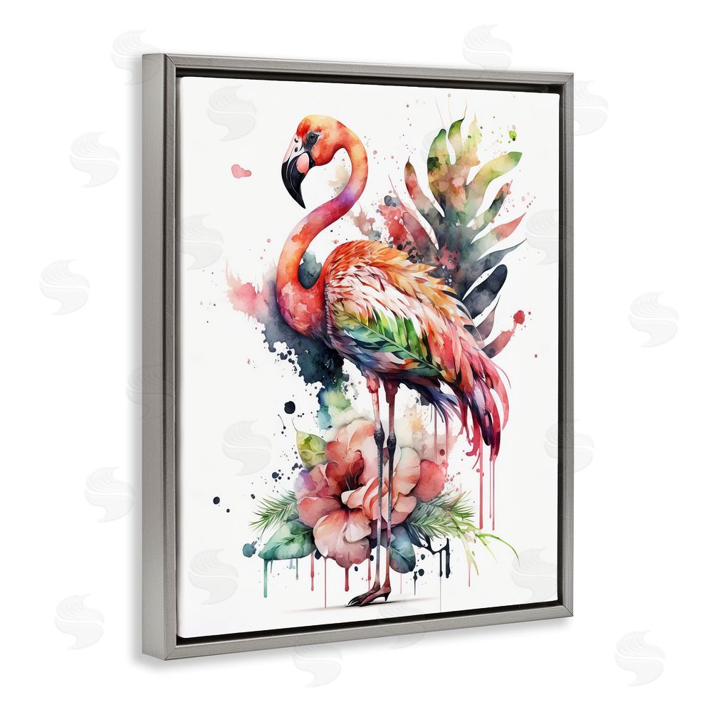 LSR Design Studio Modern Splash Flamingo Gray Floating Frame Canvas Wall Art Print