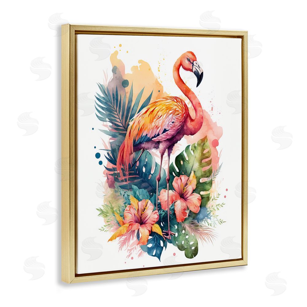LSR Design Studio Modern Tropical Flamingo Gold Floating Frame Canvas Wall Art Print